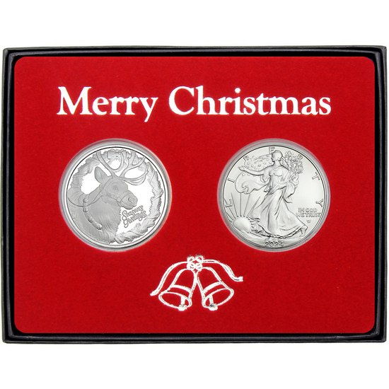 Merry Christmas Season's Greetings Reindeer Silver Medallion and Silver American Eagle 2pc Box Gift Set