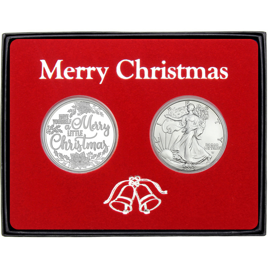 Merry Little Christmas Poinsettia Silver Medallion and Silver American Eagle 2pc Box Gift Set