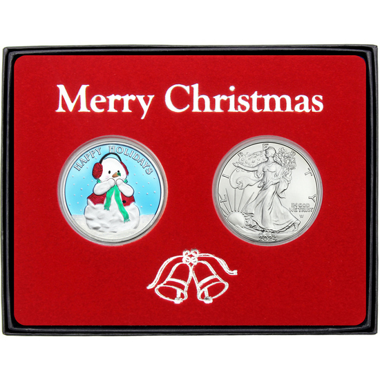 Merry Christmas Happy Holidays Snowman Enameled Silver Medallion and Silver American Eagle 2pc Box Gift Set