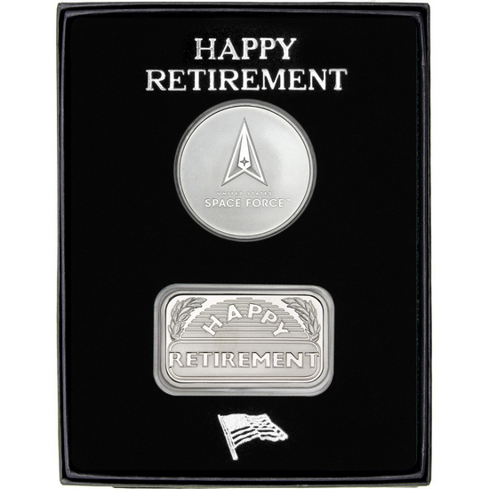 US Space Force Silver Medallion and Happy Retirement Silver Bar 2pc Gift Set