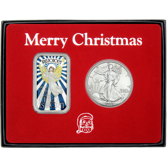 Merry Christmas Rejoice! Angel Enameled Silver Bar and Silver American Eagle 2pc Box Gift Set