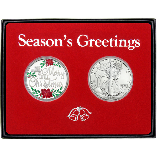 Season's Greetings Merry Little Christmas Poinsettia Enameled Silver Medallion and Silver American Eagle 2pc Box Gift Set