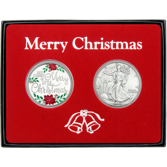 Merry Little Christmas Poinsettia Enameled Silver Medallion and Silver American Eagle 2pc Box Gift Set