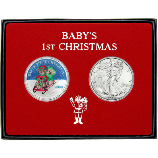 Baby's First Christmas Enameled Silver Medallion and Silver American Eagle 2pc Box Gift Set