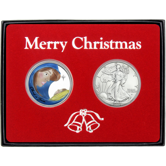 Merry Christmas Mary Adoring Baby Jesus Nativity Scene Enameled Silver Round and Silver American Eagle 2pc Box Gift Set