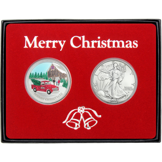 Merry Christmas Tree Farm Truck Enameled Silver Round and Silver American Eagle 2pc Box Gift Set