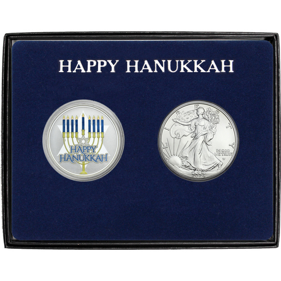 Happy Hanukkah Enameled Silver Medallion and Silver American Eagle 2pc Box Gift Set