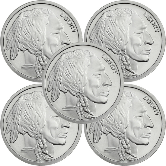 Buffalo Nickel Replica 2oz .9999 Silver Medallion 5pc