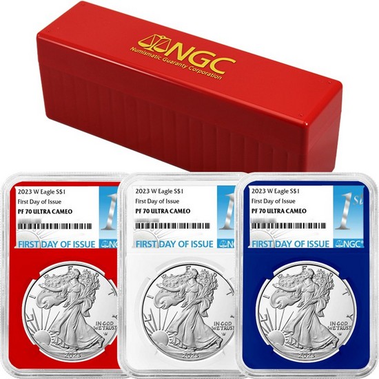 2023 W Silver American Eagle PF70 UC FDI NGC 1st Label Red, White & Blue Core 3pc Set in Red NGC Box