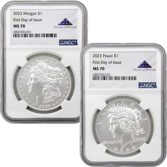 2023 Morgan and Peace Silver Dollar Set MS70 FDI NGC Folds of Honor