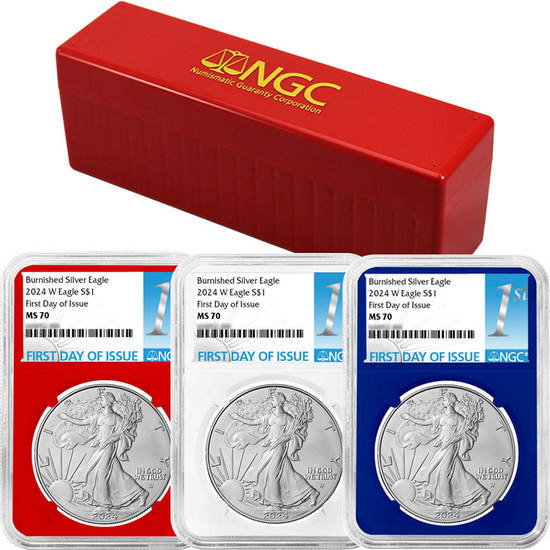 2024 W Burnished Silver American Eagle MS70 Red, White and Blue Core NGC FDI Labels 3pc with Red NGC Storage Box