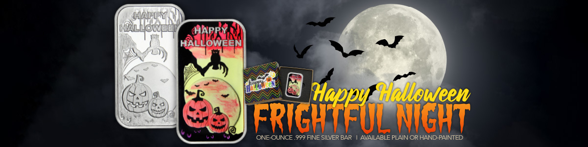 Happy Halloween Frightful Night 1oz .999 Silver Bar in Gift Box - Plain or Enameled Happy Halloween Frightful Night 1oz .999 Silver Bar in Gift Box - Plain or Enameled